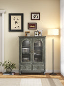 Farmhouse Storage Cabinet, Distressed Wood Kitchen Pantry Cabinet with 2 Glass Doors & 2 Drawers, Rustic Freestanding Buffet Cupboard with Shelves for Living Room, Dining Room,Black & Gray