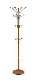 73' Tall Chrome and Wood Coat Rack, Oak finish