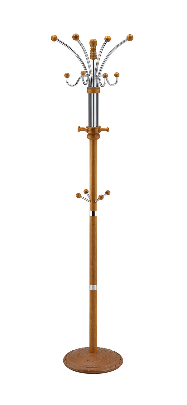 73' Tall Chrome and Wood Coat Rack, Oak finish