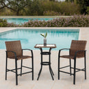 3 Pieces Outdoor Bar Stools Set,Rattan Bar Chairs,with glass table top, Wicker Bar Stools for Backyard, Garden, Pool, Balcony and Deck, Brown