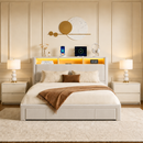 Full-size upholstered bed with drawers, featuring an upholstered storage headboard, heavy metal crossbar support, LED and USB charging, silent design, beige (mattress not included)