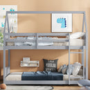 Twin Over Twin House Floor Bunk Bed with Headboards, Footboards and Guardrails, Ladder, Rubber Wood Bunk Bed with Safety Guardrails,Grey