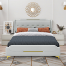 King Size Leather Bed frame with Wingback Headboard & Footboard, PU Upholstered Platform bed, Solid Wooden Slats Support, Easy Assembly