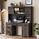 Farmhouse Executive Desk with Hutch and Charging Station, Computer Desk with 2 Sliding Barn Doors, 5 Drawers & Storage Cabinet with 3-Position Adjustable Shelf, Desk for Home Office, Rustic Gray