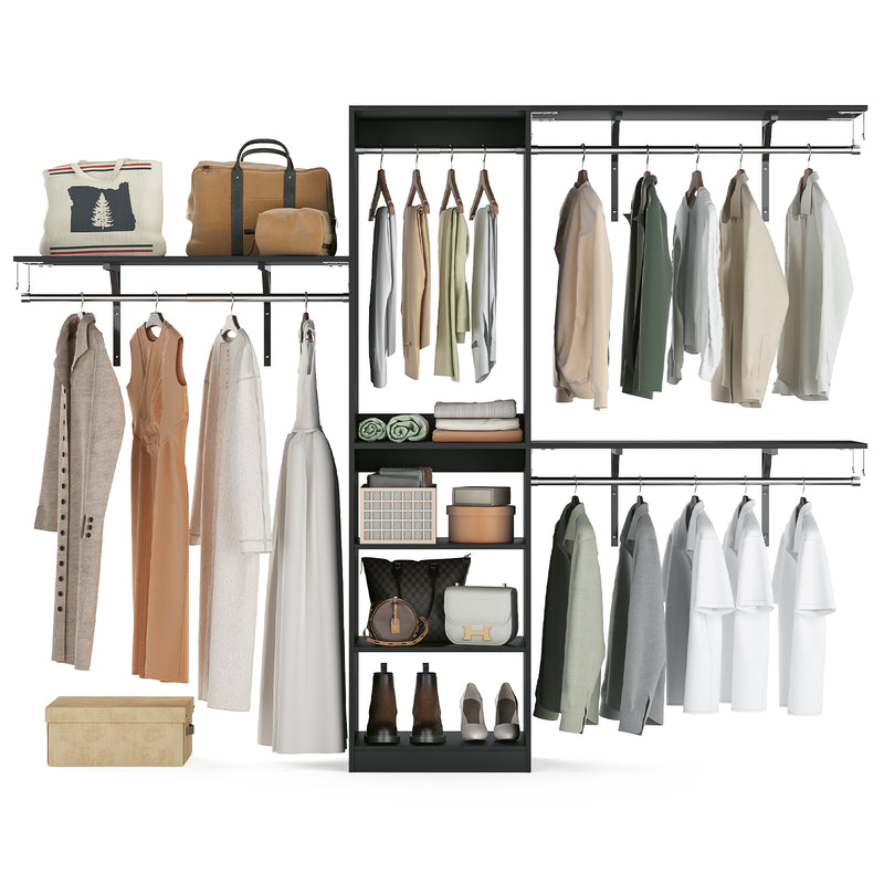 Closet Organizer Heavy Duty Clothes Rack,Wood Walk In Closet System with 4 Hang Rods & 5 Shelves, Adjustable Wardrobe for 8 FT Spaces