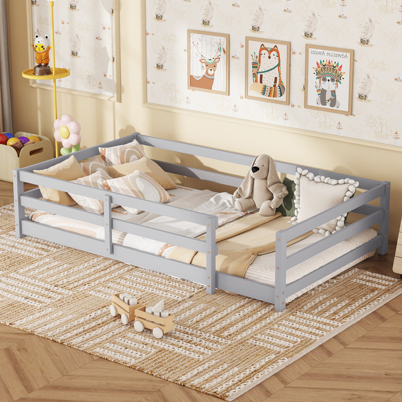 Twin Size Floor Bed, Montessori Floor Bed with Fence, Kids Montessori Bed Twin Size, Wood Montessori Floor Bed for Kids, Girls, Boys (GRAY)