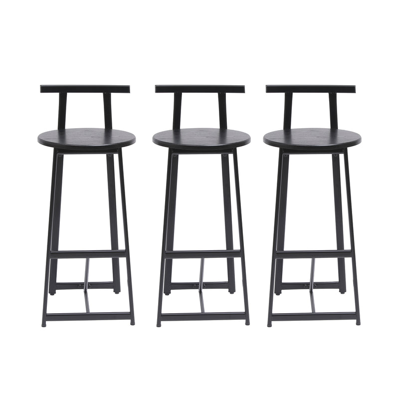 Modern Kitchen Bar Stools Set of 3 with Footrest in Black, Metal Frame & MDF Seat, 27''H