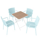 Four pcs Modern Stackable Plastic Armchair Matched with Folding Square Table,Light Baby Blue/Khaki/White21.26*20.08*31.5(in) /27.56*27.56*29.33(in),pp,metal