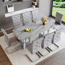 9-Piece Modern Dining Table Set, Faux Grey Marble MDF Table with 8 Upholstered Grey Dining Chairs, Silver Metal Sled Legs, Contemporary Kitchen & Dining Room Furniture for Family & Entertaining