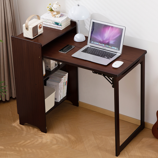 Bamboo Folding Desk, Foldable Desk for Small Space, Computer Desk with Hidden Storage and Built-in Socket, Mid Century Foldable Table for Home Office and Bedroom (Walnut Brown) ( Prime Big Deal Days )
