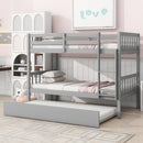Twin Over Twin Rubber Wood Bunk Bed with Trundle, Convertible into Twin Size Beds, Twin Size Bunk Bed with Ladder and Safety Guardrails,Grey