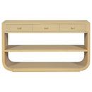 Modern Curved Console Table with 3 Soft-Close Drawers & 2 Open Shelves, Solid Wood Base, Natural Finish, Entryway Table for Living Room Hallway, Study