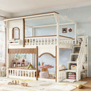 Full over Full House Bunk Bed with Storage Stairs, House Bunk Bed with Window & Side Bookshelf, Convertible Lower Space for Sleep or Play, Solid Wood Bed Frame with Play Designed. Beige & Deep Natural
