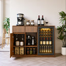 51.2' Modern Fluted Bar Cabinet with Fridge Compartment(Fridge Not Included, Adjustable Shelves & Built-in Power Outlets, Multipurpose Wine Storage Cabinet for Living & Dining Room, Walnut