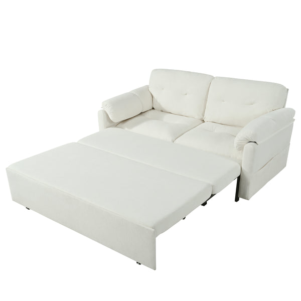 Modern Convertible Sleeper Sofa Bed with Pull-Out Queen Design, Side Storage & Thick Cushions - Beige Chenille Loveseat for Living Room or Bedroom - 3-in-1 Function