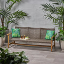 Outdoor Acacia Wood Wicker 3 Seater Sofa, Patio Furniture Conversation Set for Backyard