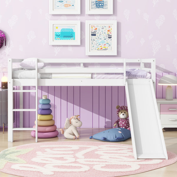Twin Low Loft Bed with Slide, Ladder, Safety Guardrails, Rubber Wood Twin Loft Bed,White