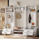 4-in-1 Detachable Hall Tree with Storage and 7 Hooks, Multiple Functions Hallway Coat Rack with Storage Drawers and Cabinet, White  Shoe Bench for Entryway Hallway