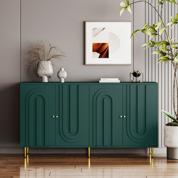Modern Green Lacquered 4 Door Wooden Cabinet Sideboard Buffet Server Cabinet Storage Cabinet, for Living Room, Entryway, Hallway, Office, Kitchen and Dining Room