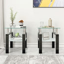Modern Tempered Glass Tea Coffee End Table Set of 2, Transparent/Black, Metal Legs, Square Design