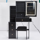 29.2' Small Size Left Bedside Cabinet Vanity Table + Cushioned Stool, 2 AC+2 USB Power Station, Hair dryer bracket, Extra Large Touch Control Sliding LED Mirror, Tri-color Switching, Brightness Adjust