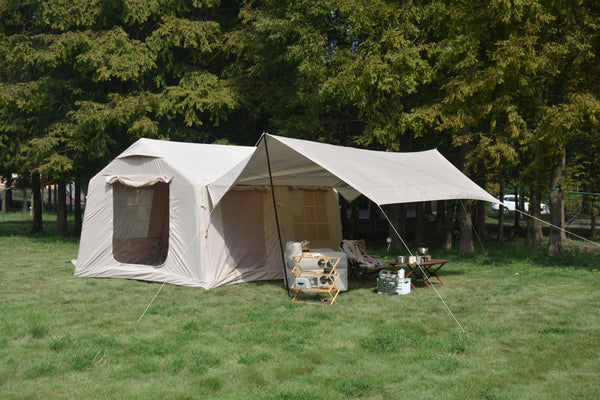 9.8 x13ft with canopy, Inflatable Camping Tents with Hand Pump, Air Glamping Tents,  Easy Setup Waterproof and Windproof Blow up Tent  Beige