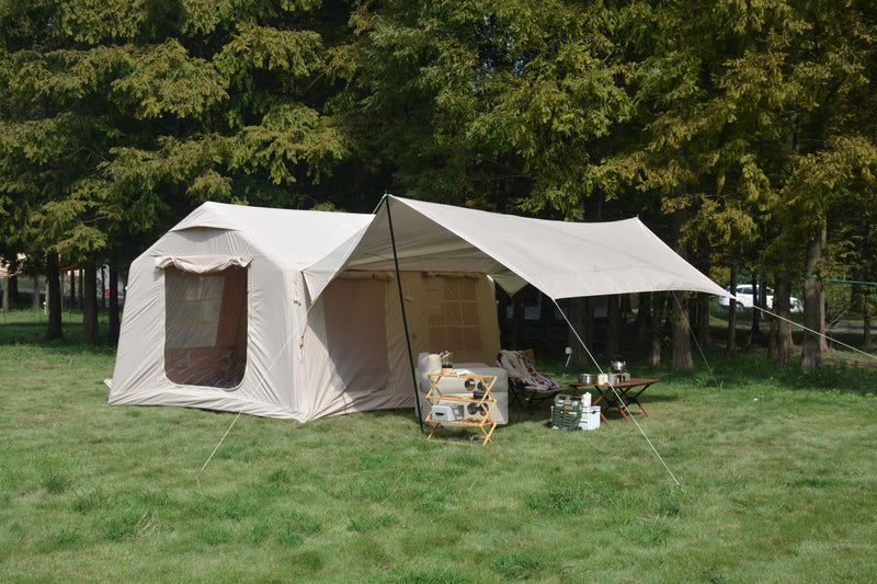 9.8 x13ft with canopy, Inflatable Camping Tents with Hand Pump, Air Glamping Tents,  Easy Setup Waterproof and Windproof Blow up Tent  Beige