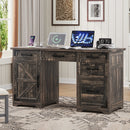 55' Farmhouse Executive Desk with Charging Station & Power Outlet, Home Office Computer Desk with 5 Drawers and Cabinet, Rustic Wood Writing Study Table with File Drawer,  Rustic Gray
