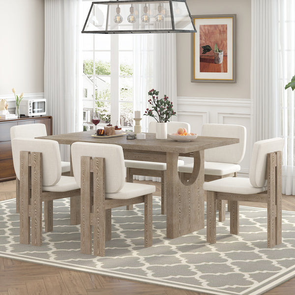 TREXM 7-Piece Retro Dining Set, 1 Rectangular Table with Designed Trestle Base and 6 Upholstered Chairs for Dining Room and Kitchen (Natural Wood Wash)