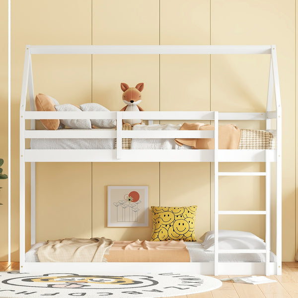 Twin over Twin Rubber Wood Floor Bunk Bed, with ladder,Guardrails,House-Shaped-Bunk Bed,White