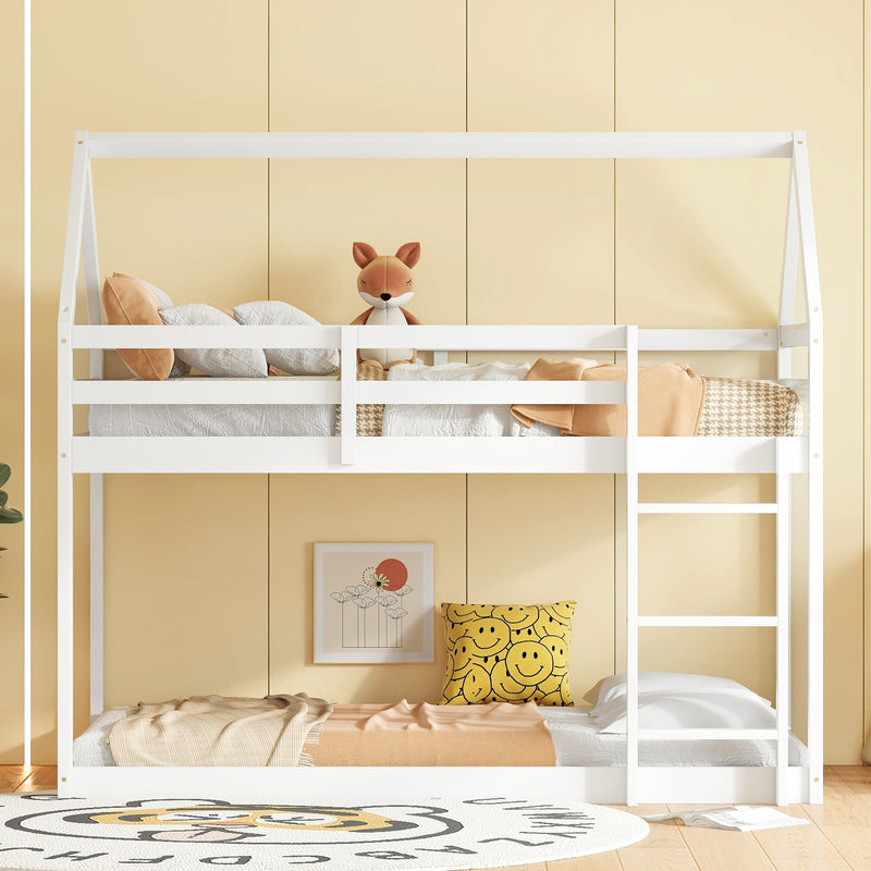 Twin over Twin Rubber Wood Floor Bunk Bed, with ladder,Guardrails,House-Shaped-Bunk Bed,White