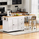 K&K 74.8' Kitchen Island with Extendable Dining Table, Kitchen Storage Cart with 3 Drawers, Power Outlet, Rolling Kitchen Island on Wheels with Spice Rack and 2 Door Cabinet, for Kitchen, White
