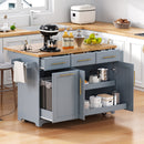 K&K 59.3' Kitchen Island with 2 Pull Out Cabinet Organizers & Rubber Wood Drop Leaf, Rolling Kitchen Island with Trash Can Storage, Power Outlet, Spice & Towel Rack for Kitchen, Dining, Grey Blue
