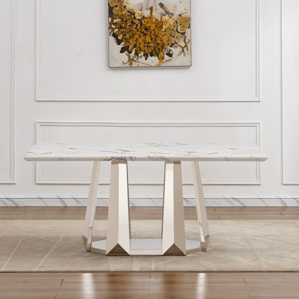 Marble Dining Table for 6 People, 70'' Rectangle Faux Marble Dining Table with Mirrored Finish Stainless Steel Base, Modern Large Size Marble Kitchen Table (Silver,White)(only table)