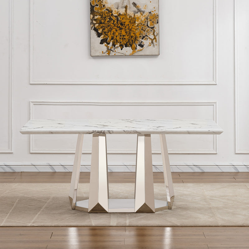 Marble Dining Table for 6 People, 70'' Rectangle Faux Marble Dining Table with Mirrored Finish Stainless Steel Base, Modern Large Size Marble Kitchen Table (Silver,White)(only table)