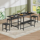 Expandable Dining Table Set for 4-8, 63' Large Extendable Kitchen Table with 2 Benches & 2 Stools, Modern Wood Top & Metal Frame, Space-Saving, Easy Assembly, Black.