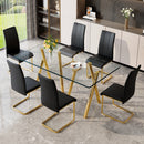 Tempered Glass Dining Table Set for 6, Modern Rectangular Kitchen Table with Gold-Plated Metal Legs, 6 Black PU Leather Upholstered Dining Chairs with Gold-Plated Base