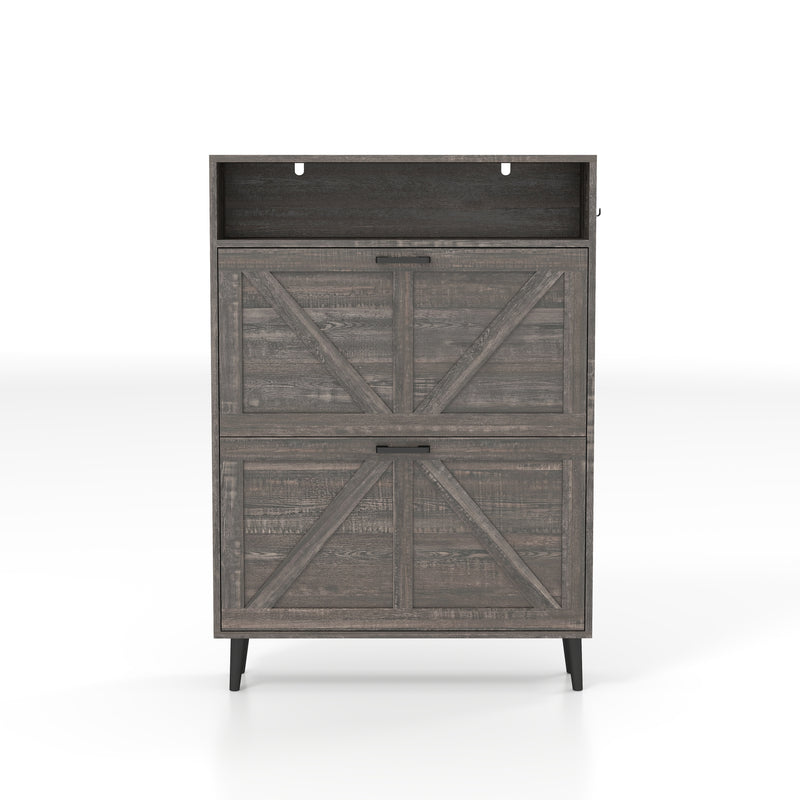 Farmhouse Shoe Storage Cabinet with Barn Door Design, 2 Flip Drawers, Hooks, Dark Oak, Particle Board and MDF, 31.5x9.4x44.7 inches
