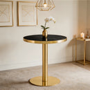 Modern Round Bistro Table, 23.6' Faux Black Marble Small Dining Table with Gold Pedestal Base & Stainless Steel Edge Banding, High-Gloss UV Top Accent Table for 2, Luxury Lounge Corner.