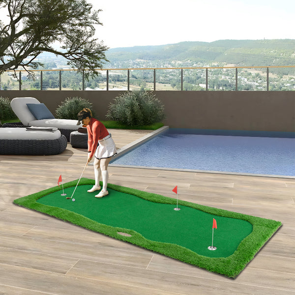 12x5 FT Golf Putting Green, Golf Training Mat with High-quality Turf, 3 Holes, 3 Flags and Cups for Indoor Outdoor