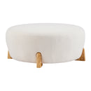 Modish Round Ottoman with Boucle Top and Splayed Rubber Wood Legs in White