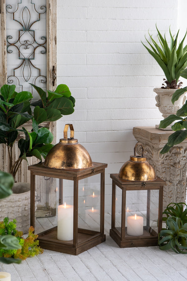 S/2 Brown Wooden Lanterns with Clear Glass Panels and Gold Metal Dome Accents, L:14x14x28.5'  S:11x11x23'