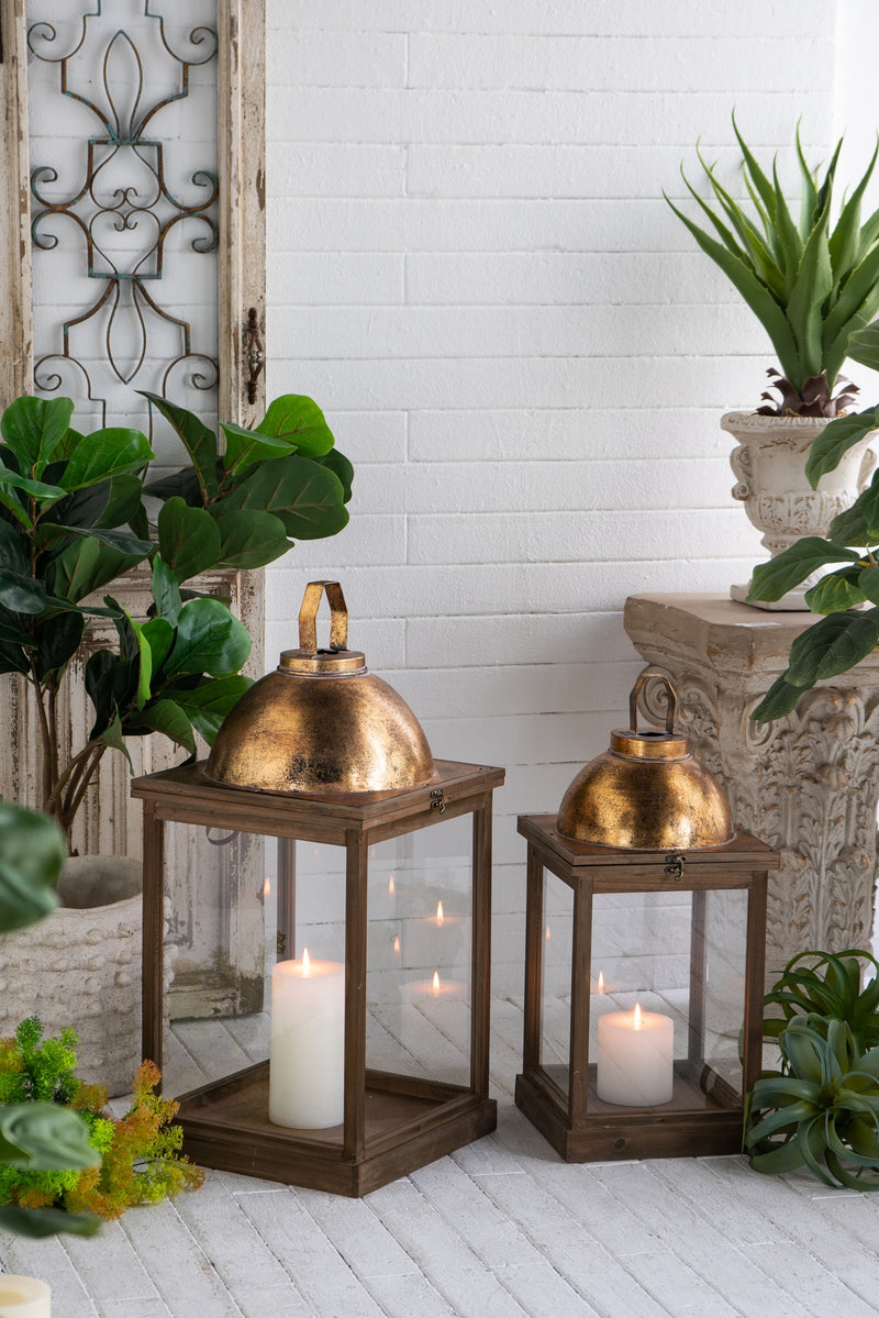 S/2 Brown Wooden Lanterns with Clear Glass Panels and Gold Metal Dome Accents, L:14x14x28.5'  S:11x11x23'