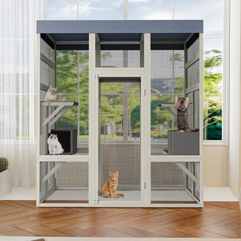 Gray Wooden Catio Outdoor Pet Enclosure with Waterproof Top, Spacious and Secure Cat House & Small Animal Cage,2 Napping Boxes