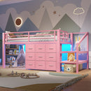 Twin Low Loft Bed with Multi-Storage Spaces, Including Fabric Drawers, Fabric Shelves Beside the Bed, Storage Stairs, Metal Loft Bed with Lights and Ample Under-bed Spaces, Pink
