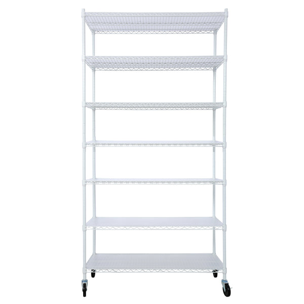 7 Tier Metal Shelf Wire Shelving Unit, 2450lbs Heavy Duty Adjustable Storage Rack with Wheels & Shelf Liners for Closet Kitchen Garage Basement Commercial Shelving - 81.5' H x 48' L x 18' D white