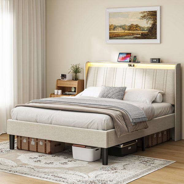 Queen Size Platform Bed Frame with Fabric Upholstered Headboard and Wooden Slats Support