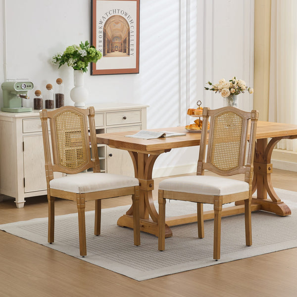 Solid Wood Rattan-Back Dining Chair, Matte Linen Cushion with High-Resilience Foam & S-Springs, Perfect for Rustic/Natural Style Dining Room, Café with Classic & Durable Design,Beige,Set of 2,SW1874BG