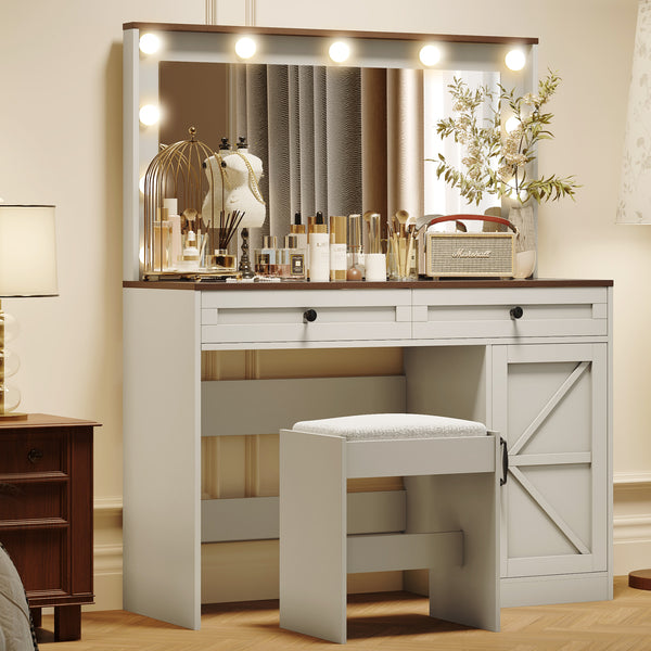 43.4'Makeup Vanity Table, Makeup Table with Large Mirror and 11 LED Light , Brightness Adjustable, Dressing Table Desk with 3 Drawers, Vanity Desk for Women(White with Stool)