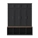 [Assembly Video Provided] Farmhouse Hall Tree with 4 Hidden Hanging Hooks, Versatile Walnut Seating Bench with 8 Doors, Entryway Shoe Cabinet with Open Compartments for Living Room, Black